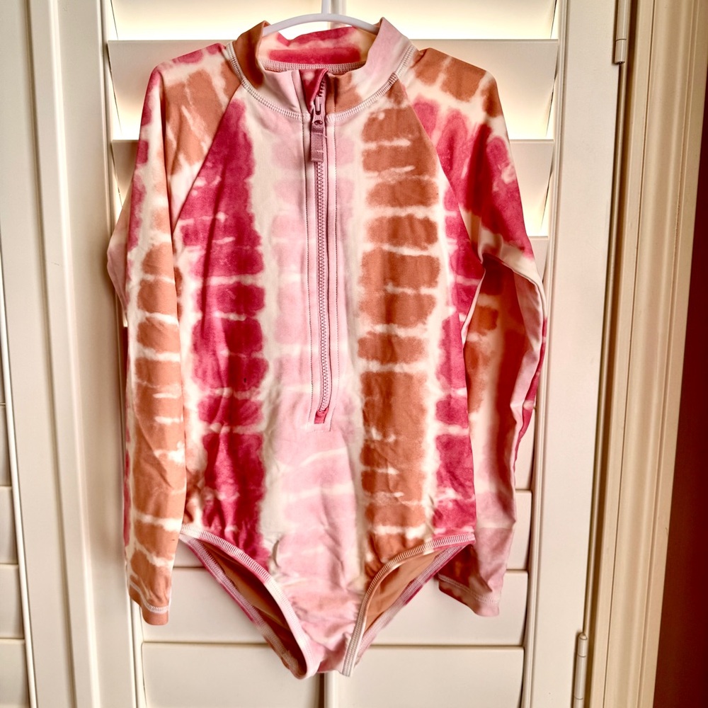 Crewcuts Girls 6-7 Long Sleeve‎ Rash Guard One Piece Pink Tie Dye UPF 50+